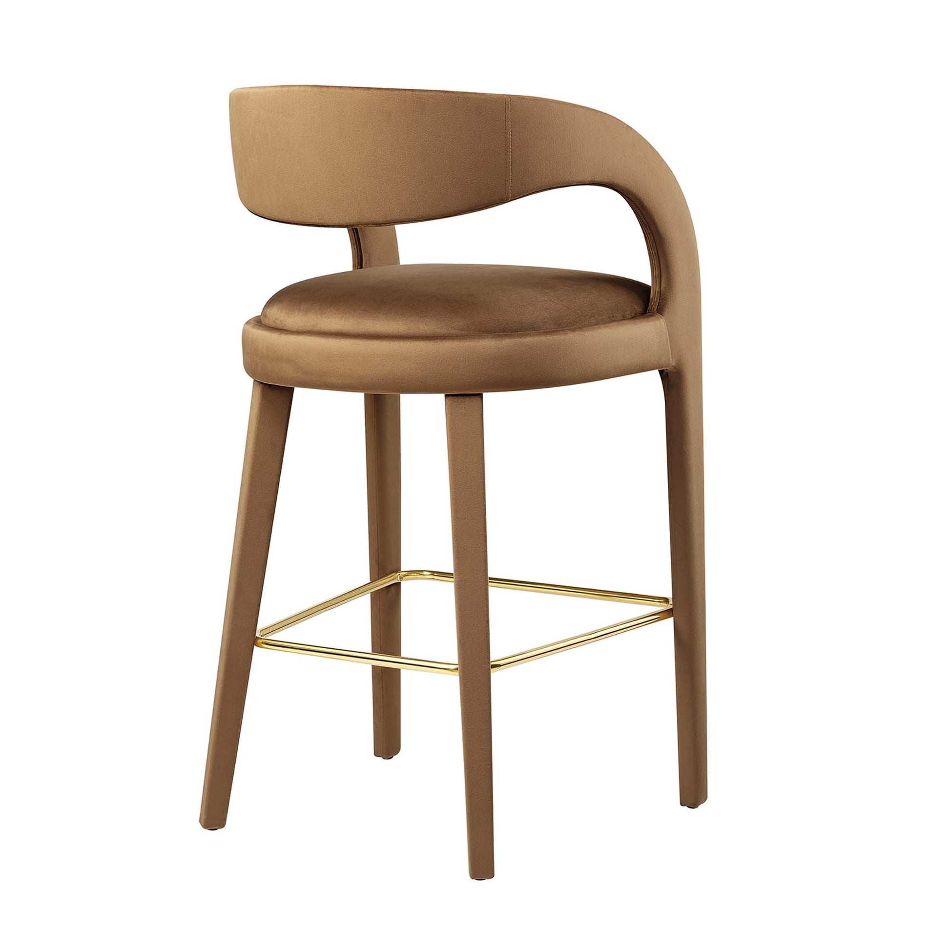 Yellow velvet bar stools with curved backs and round cushioned seats, wood legs and gold metal footrests; set of 2.