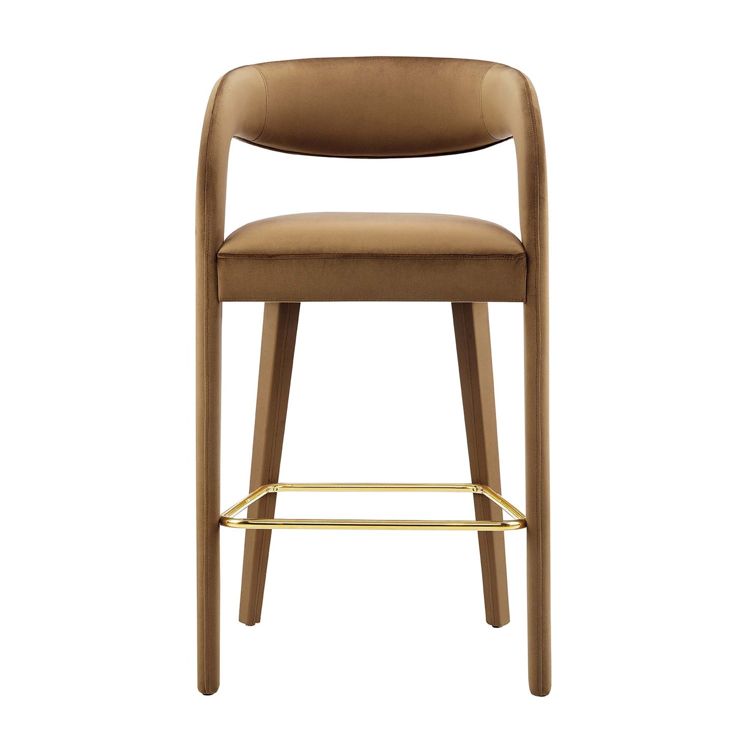 Yellow velvet bar stools (set of 2) with curved backs, slim legs and metal footrests