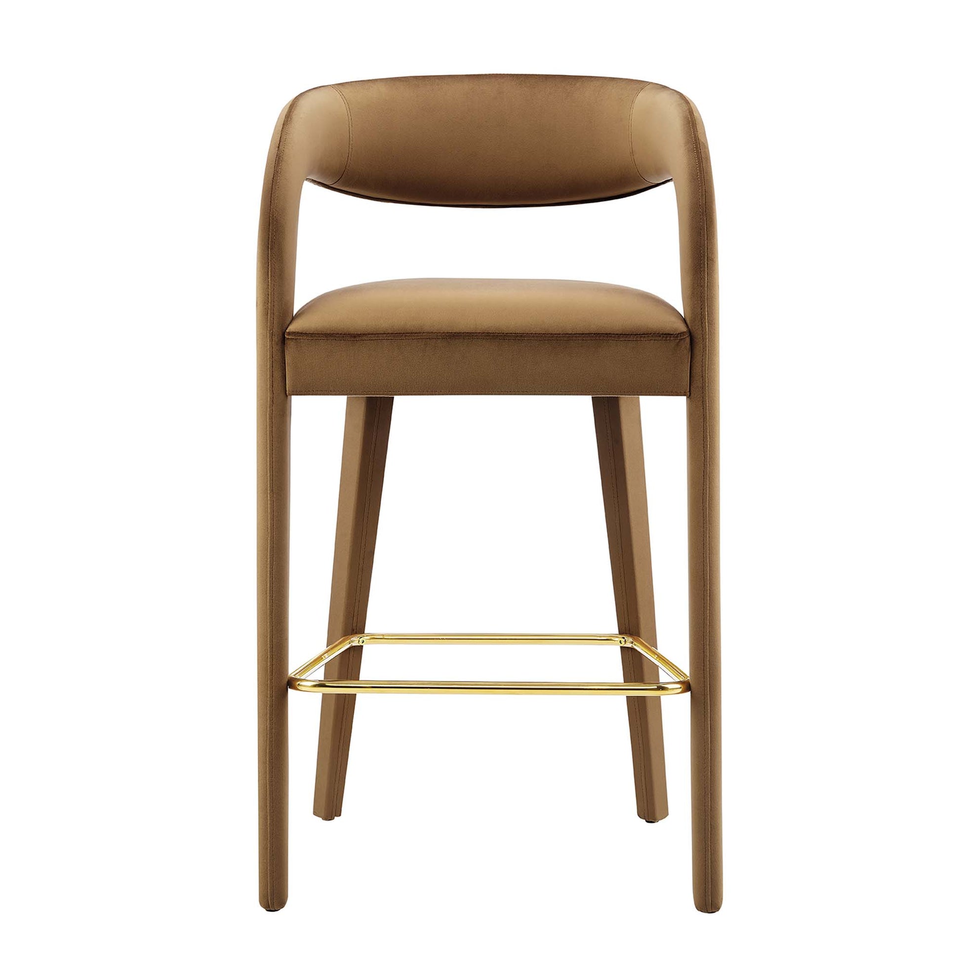 Yellow velvet bar stools (set of 2) with curved backs, slim legs and metal footrests