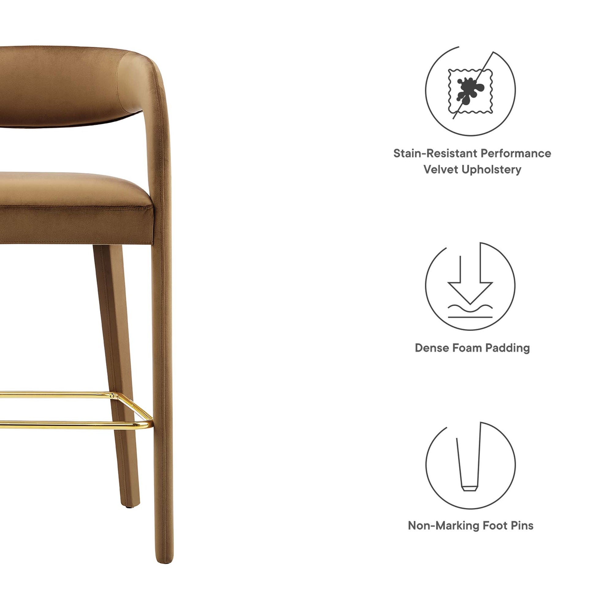 Brown velvet upholstered bar stool with curved back, wooden legs and gold-tone footrest.