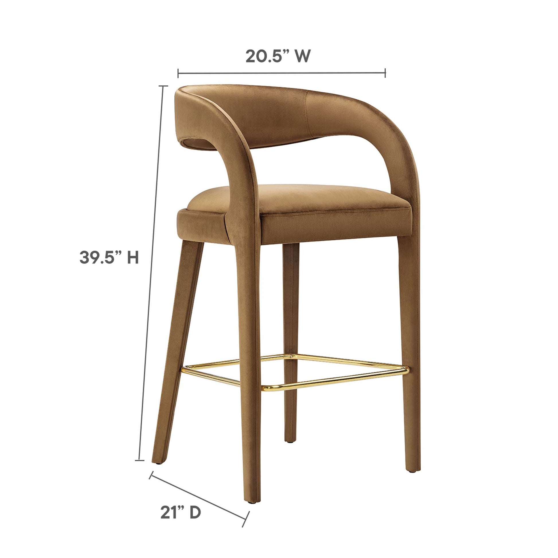 Yellow velvet upholstered bar stools with curved back, gold metal footrests, and wooden legs; 39.5H x 20.5W x 21D; set of 2