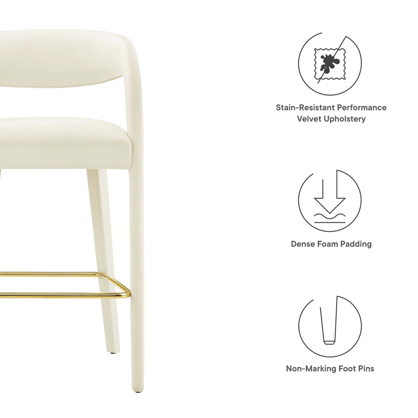 Modway Outlet Pinnacle Performance Velvet Bar Stool Set of 2 by Modway  Bar and Dining Furniture Ivory Gold - EEI-6569-IVO-GLD