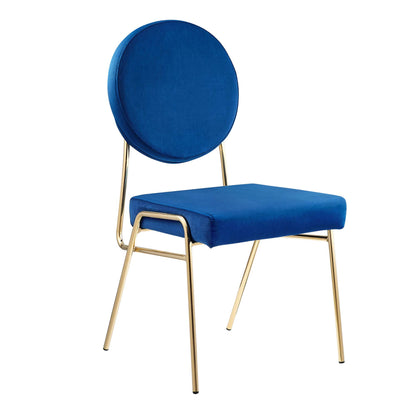 Navy velvet dining side chairs, set of 2, with gold metal frames and padded seats.