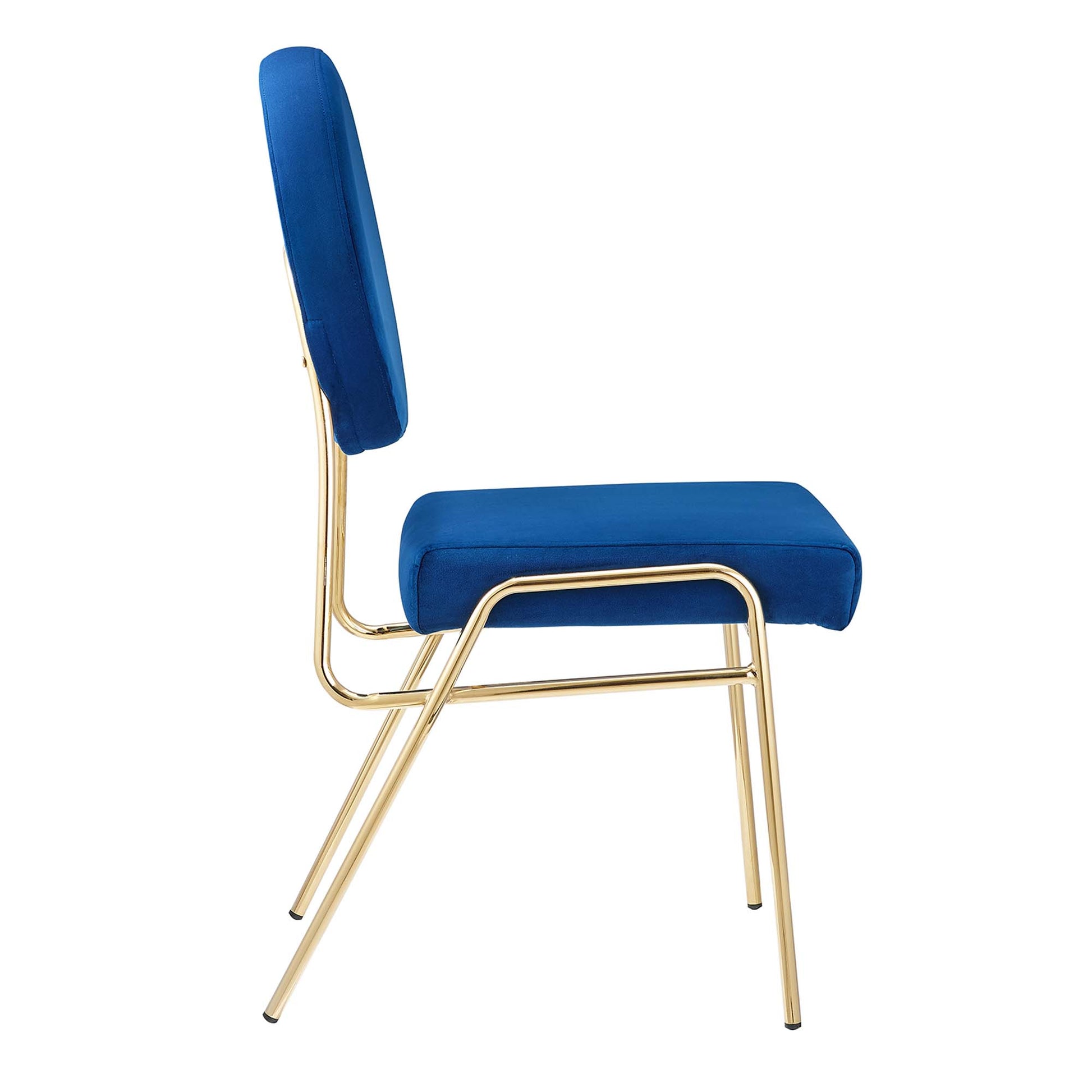 Pair of navy blue upholstered dining chairs with a gold metal tubular frame; modern cantilever chairs with tall back cushions.
