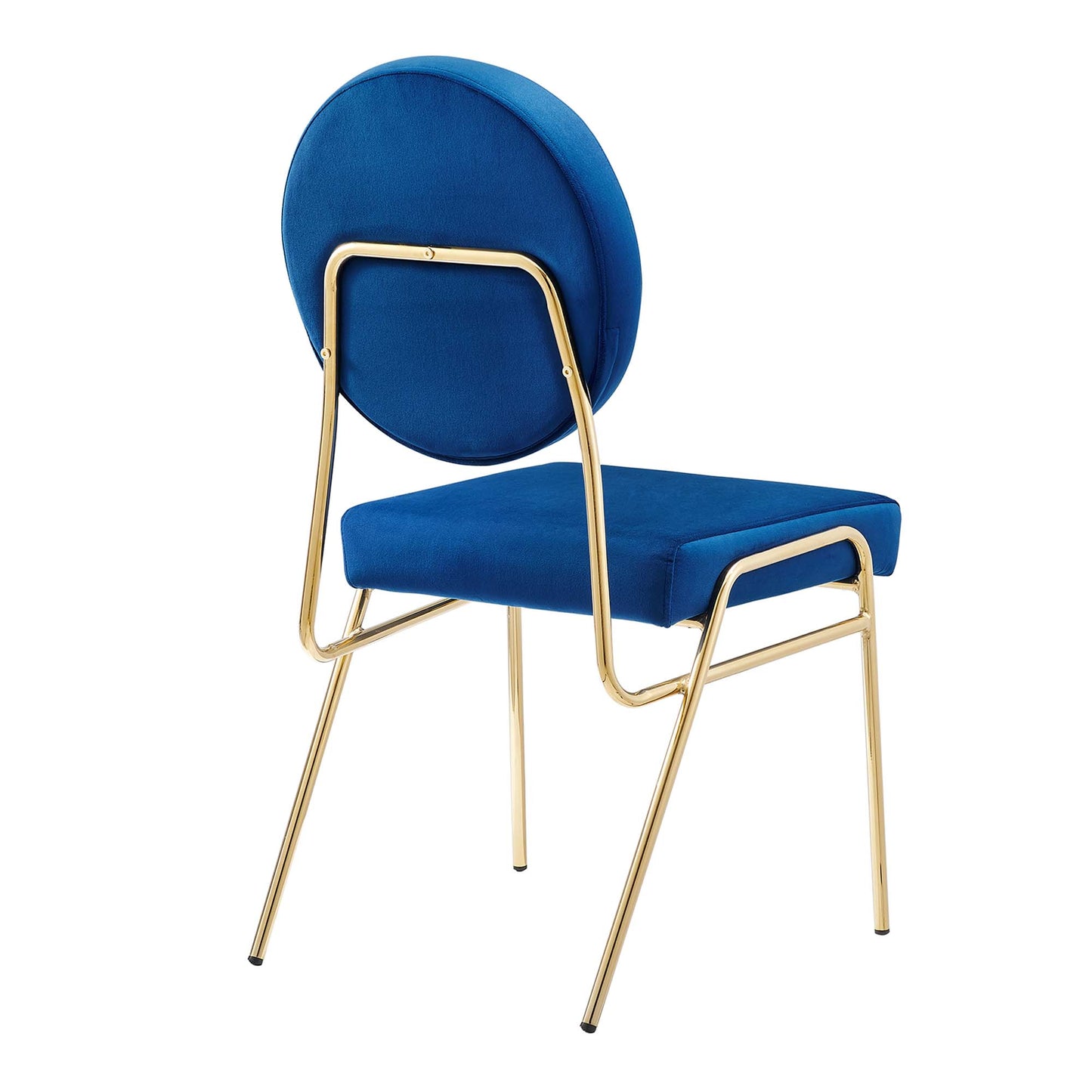 Blue velvet accent chair with a round back cushion & gold-finished metal frame.