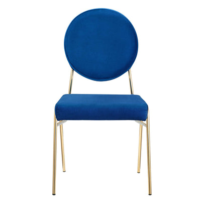 Blue velvet round-back dining side chairs set of 2 with gold metal legs and cushioned seats.