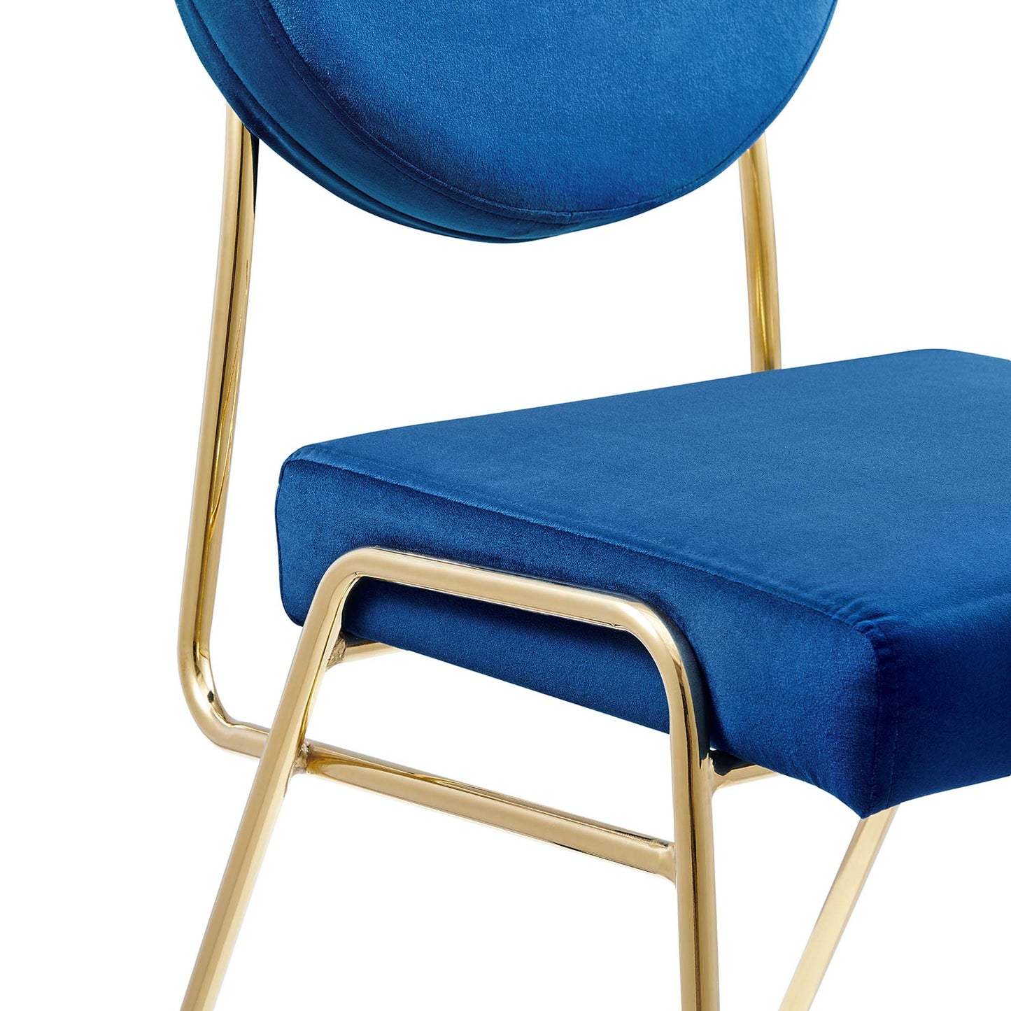 Navy blue velvet dining side chairs (set of 2) with circular backrests and gold metal frames; plush upholstered seats.