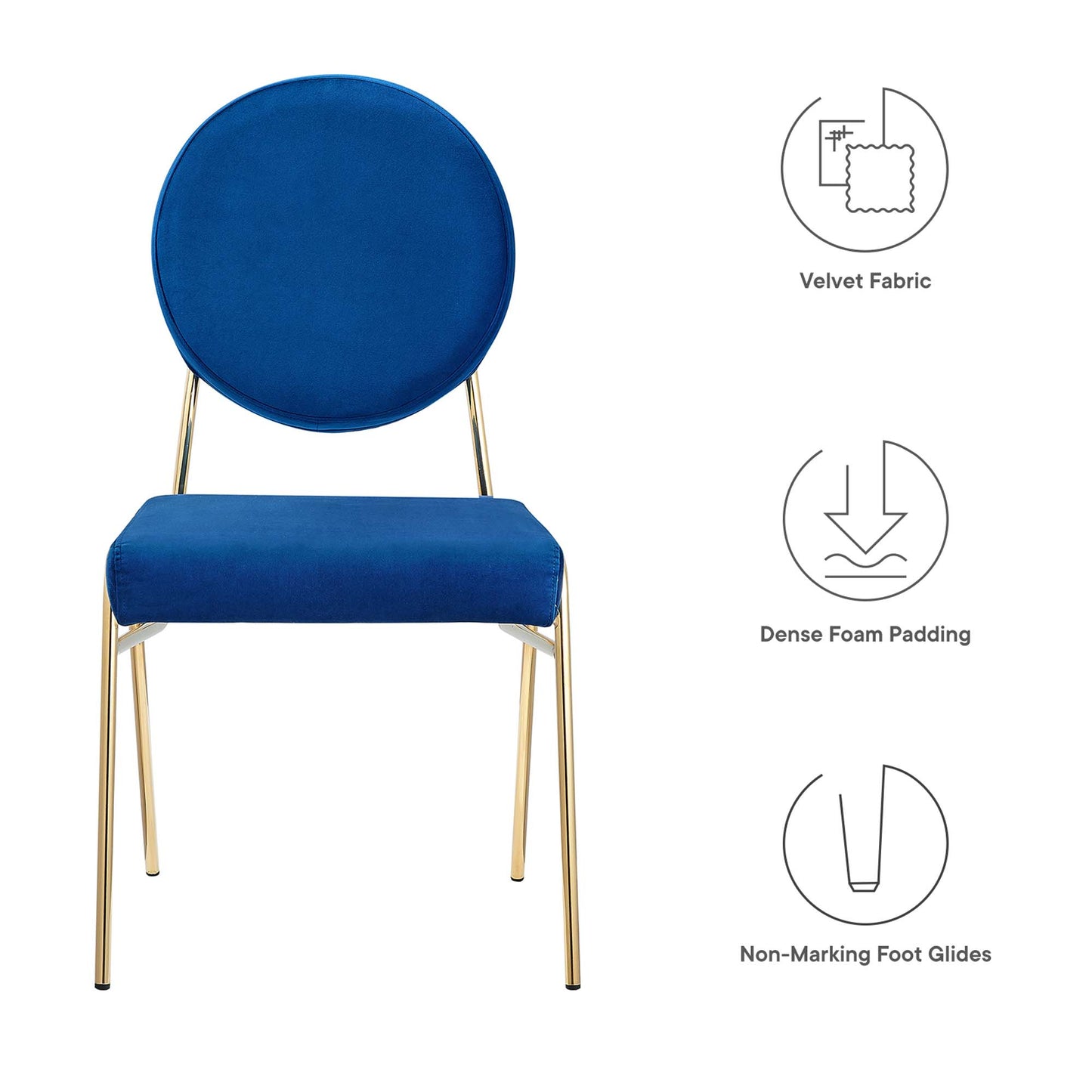 Pair of navy velvet dining side chairs with round backs, cushioned seats & gold metal legs; dense foam padding and non-marking foot glides.