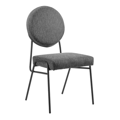 Gray fabric dining chairs (set of 2) with round back cushions and black metal frames.
