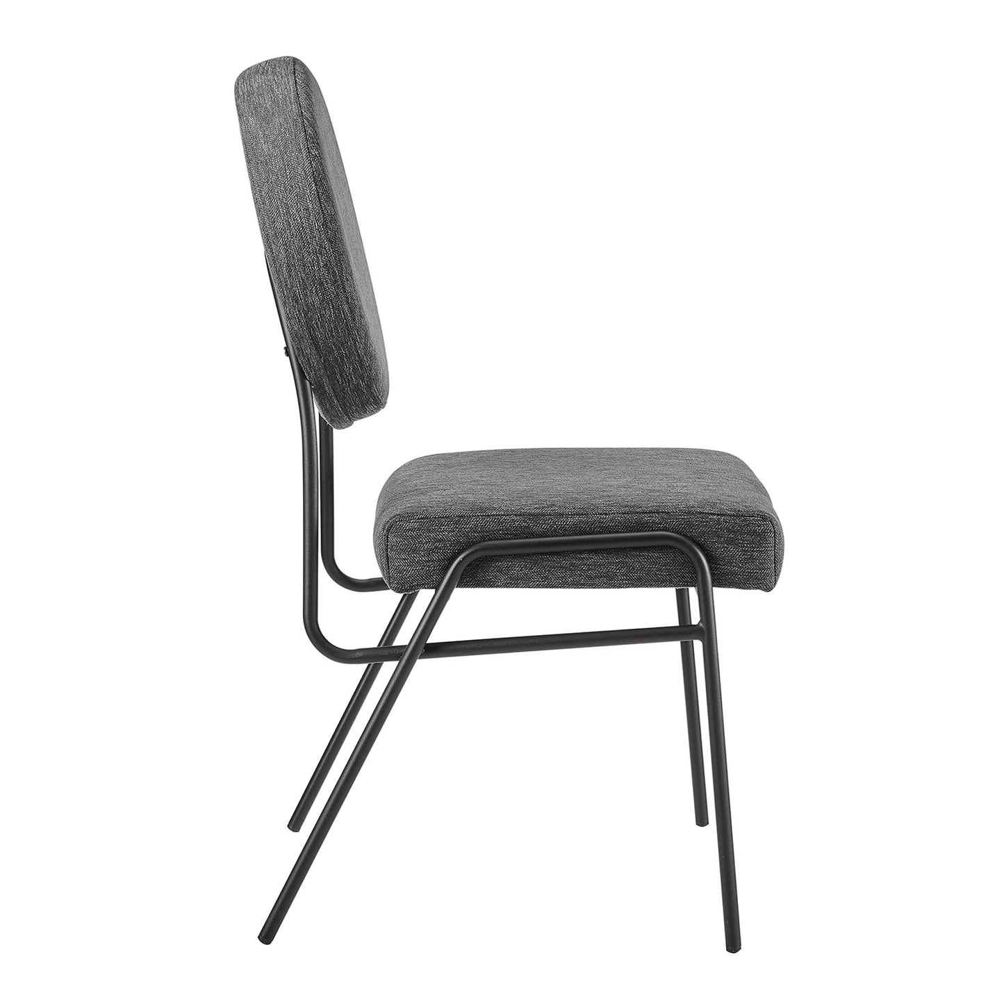 Charcoal grey upholstered dining side chairs set of 2 with black metal frame; slim legs, side profile.