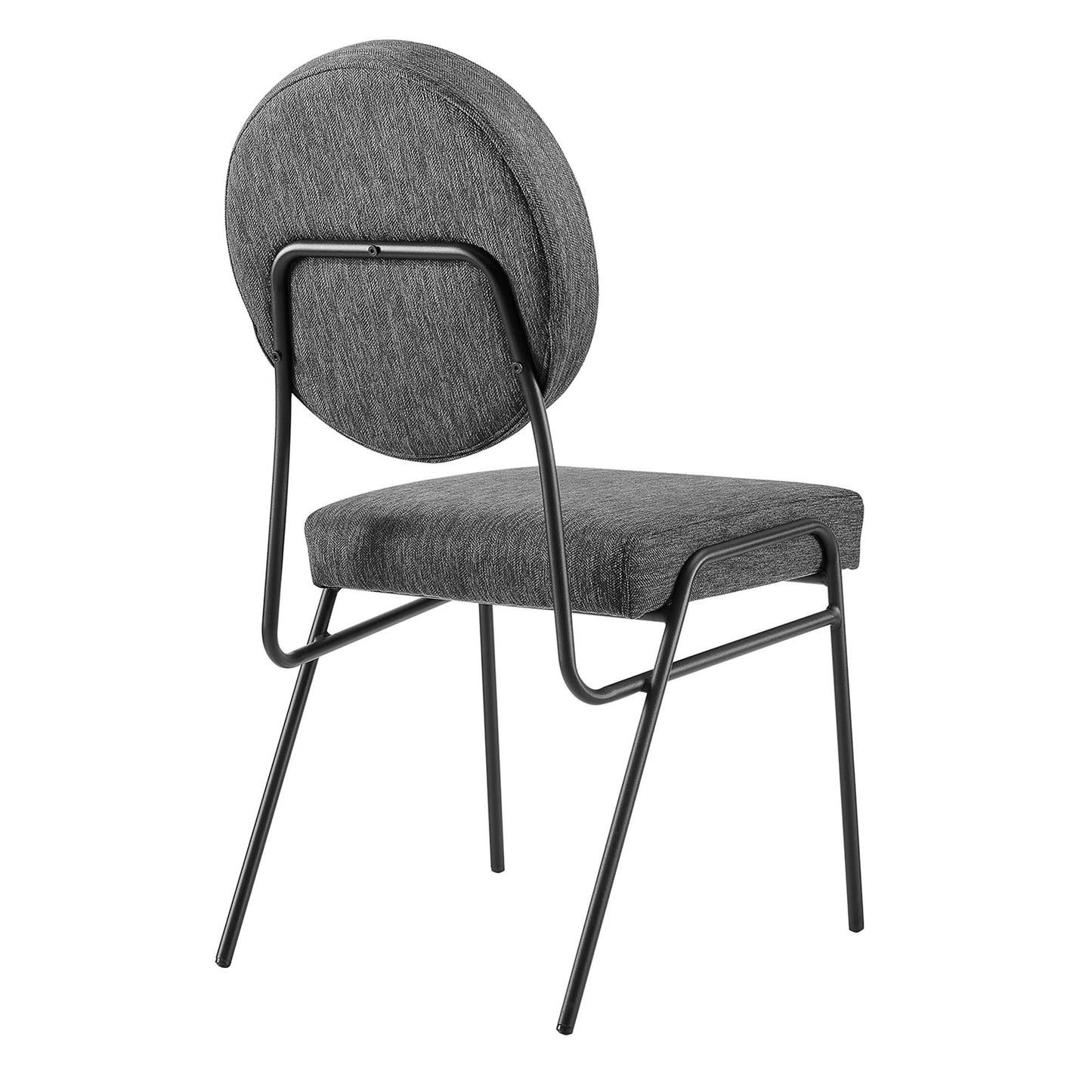 Grey fabric dining chair with circular backrest and slim black metal frame