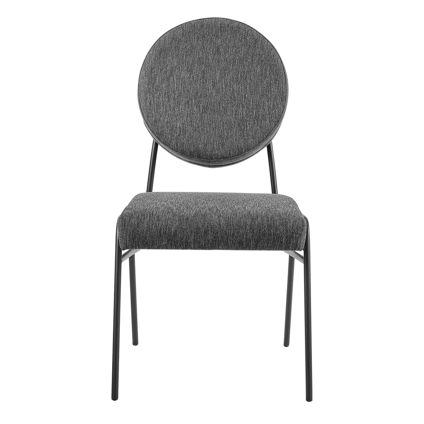 Charcoal upholstered dining side chairs set of 2 with circular back cushions, padded seats and slim black metal legs