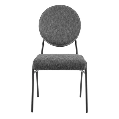 Charcoal upholstered dining side chairs set of 2 with circular back cushions, padded seats and slim black metal legs