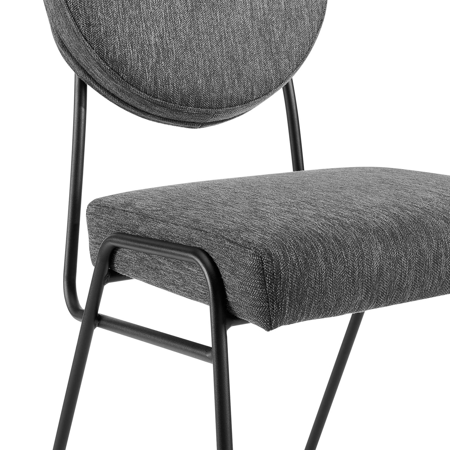Black charcoal textured upholstered dining side chairs, set of 2, with round padded backrests and sleek black metal frames.