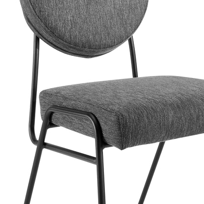 Black charcoal textured upholstered dining side chairs, set of 2, with round padded backrests and sleek black metal frames.