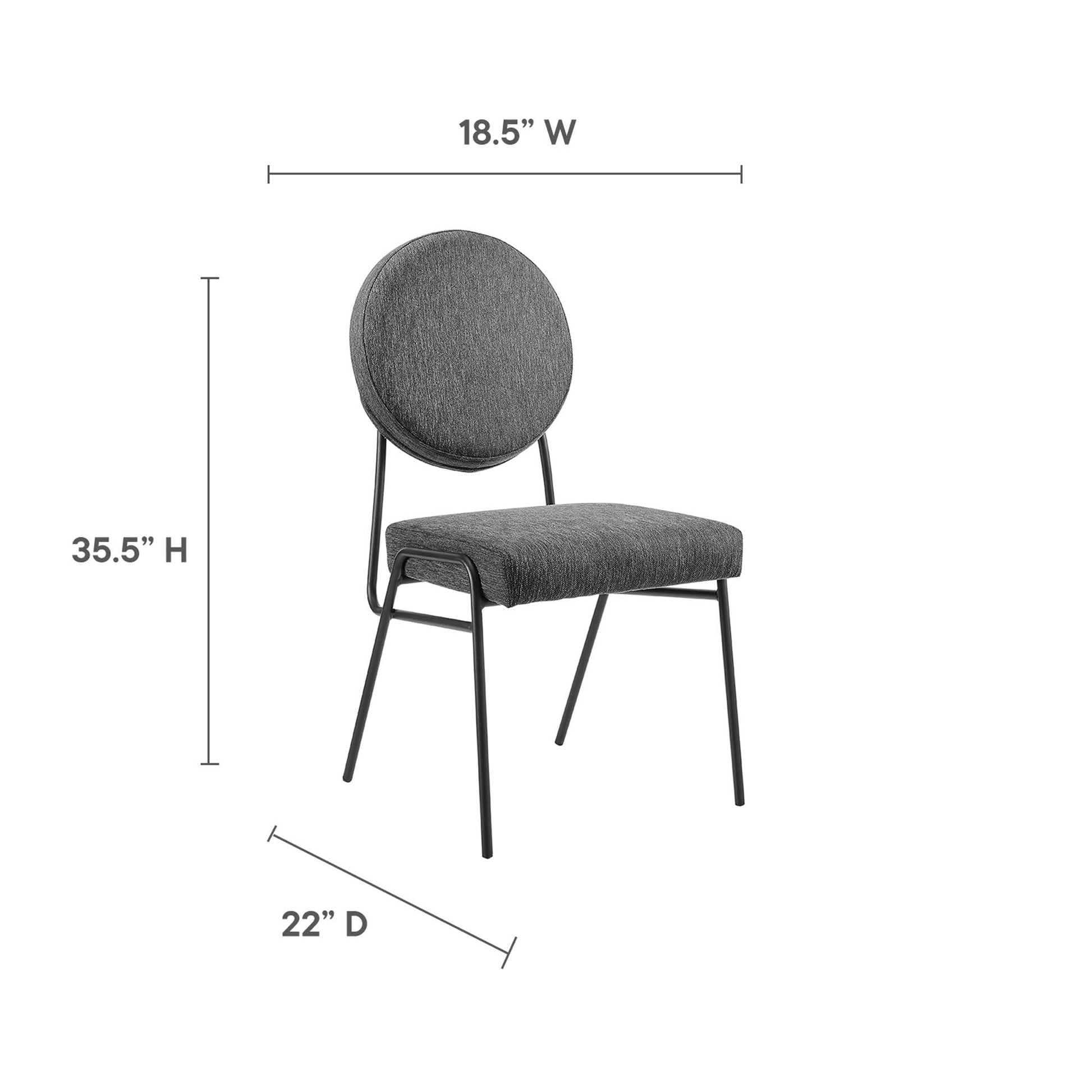 Dark gray fabric dining chair with a round padded back and black metal legs; 18.5W x 22D x 35.5H