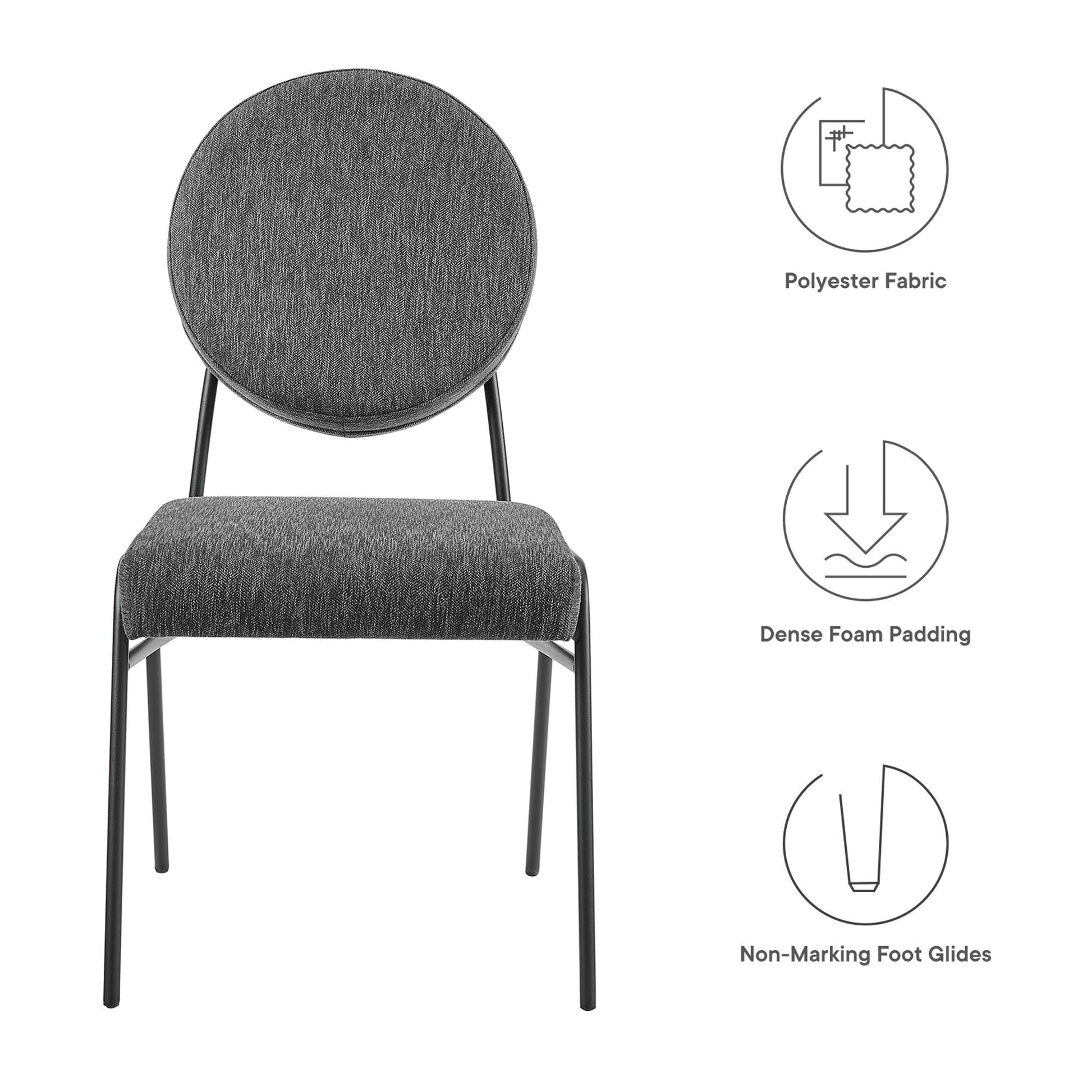 Gray polyester fabric dining chairs (set of 2) with round padded backrests, cushioned seats on black metal legs and non-marking foot glides.