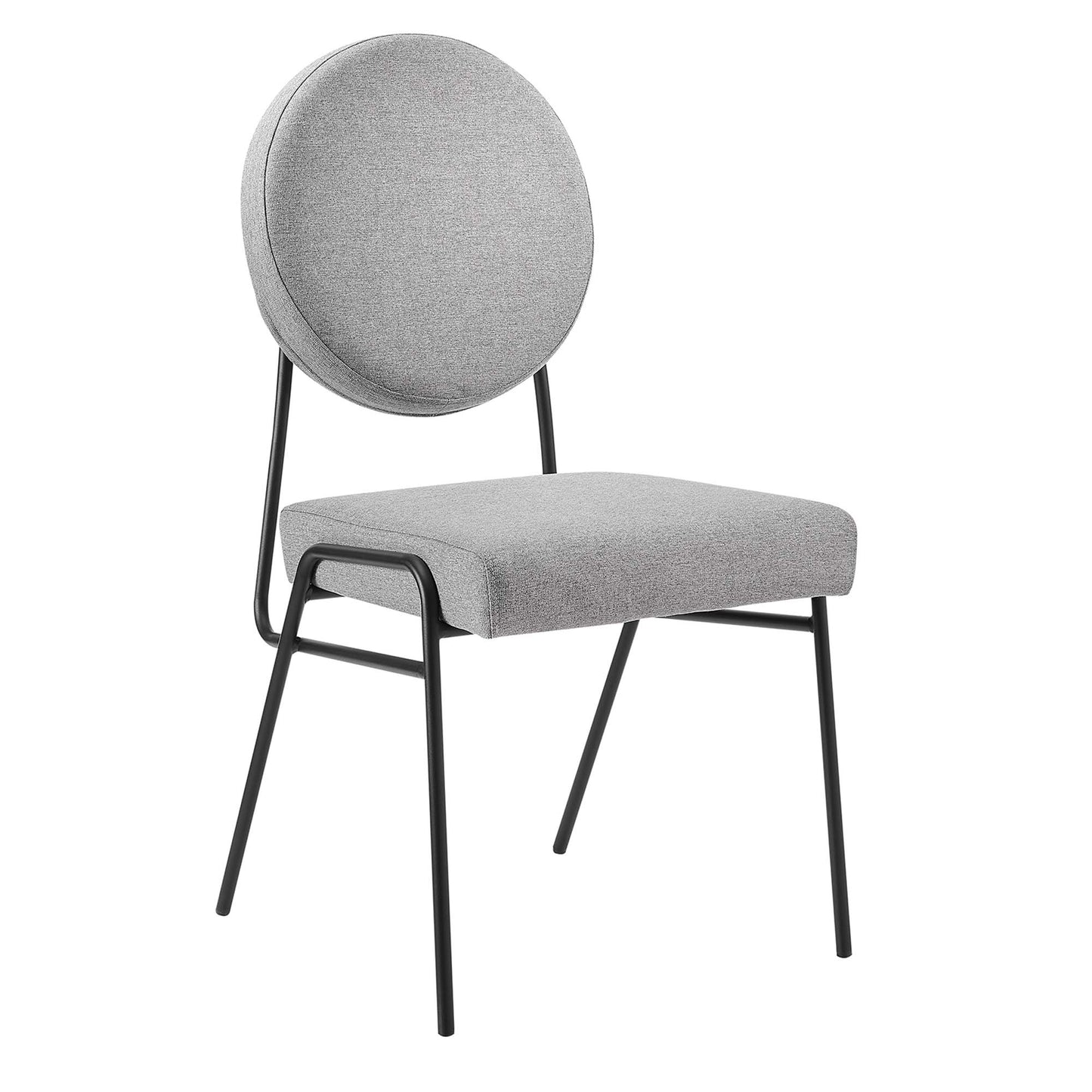 Gray fabric dining side chairs, set of 2, with round back cushions, cushioned seats, & black metal frames.