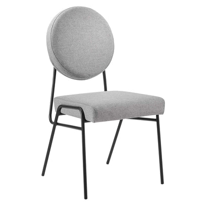 Gray fabric dining side chairs, set of 2, with round back cushions, cushioned seats, & black metal frames.