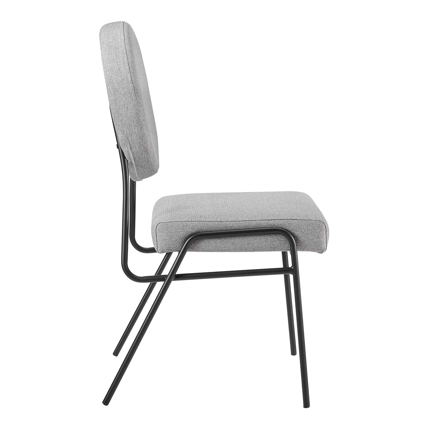 Gray upholstered dining side chairs (set of 2) with padded backrests and seats on slim black metal frames.