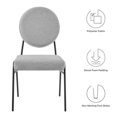 Gray upholstered round-back dining side chairs with black metal legs; polyester fabric, dense foam padding, non-marking glides (set of 2)
