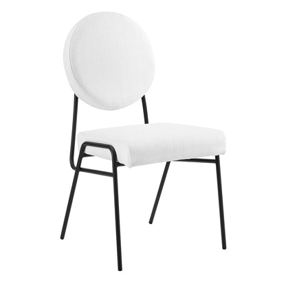 White fabric-upholstered dining side chairs with round backrests & slim black metal legs (set of 2)