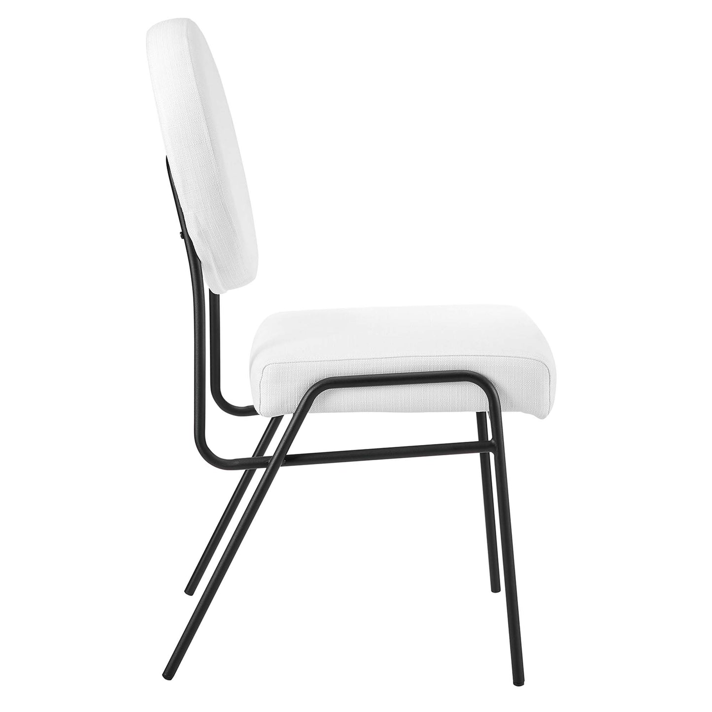 Pair of white upholstered dining side chairs with black metal frames, side view showing padded seats and backrests.