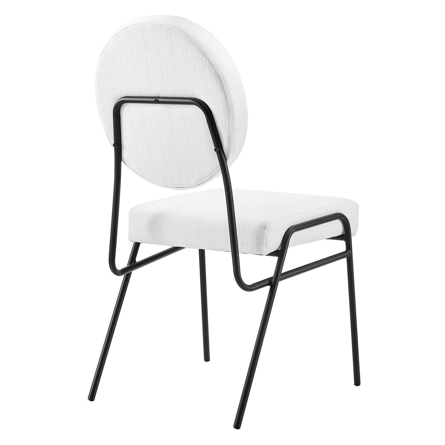 White upholstered dining side chairs with round backrests and black metal frames, set of 2.