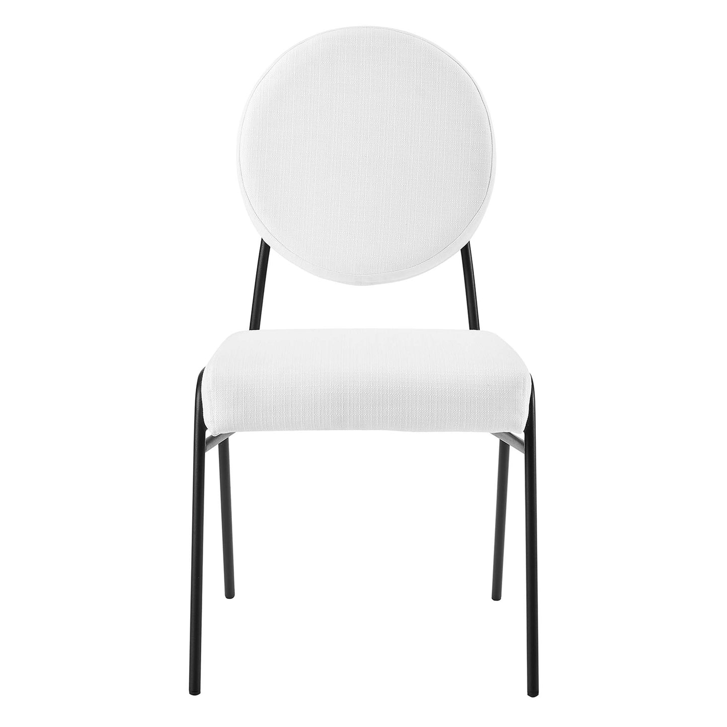 Pair of black upholstered fabric dining side chairs with round white back cushions and white padded seats, slim legs.