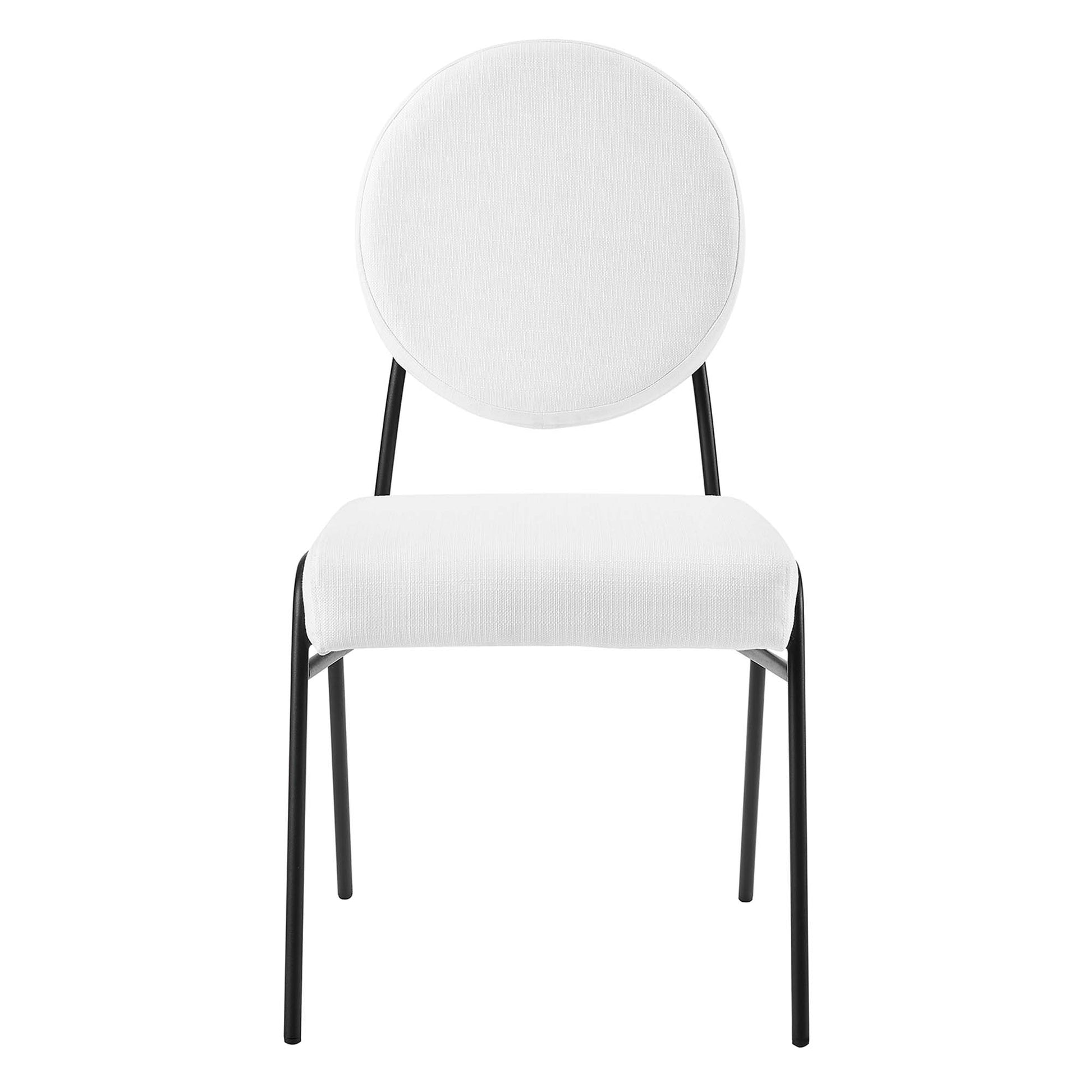 Pair of black upholstered fabric dining side chairs with round white back cushions and white padded seats, slim legs.