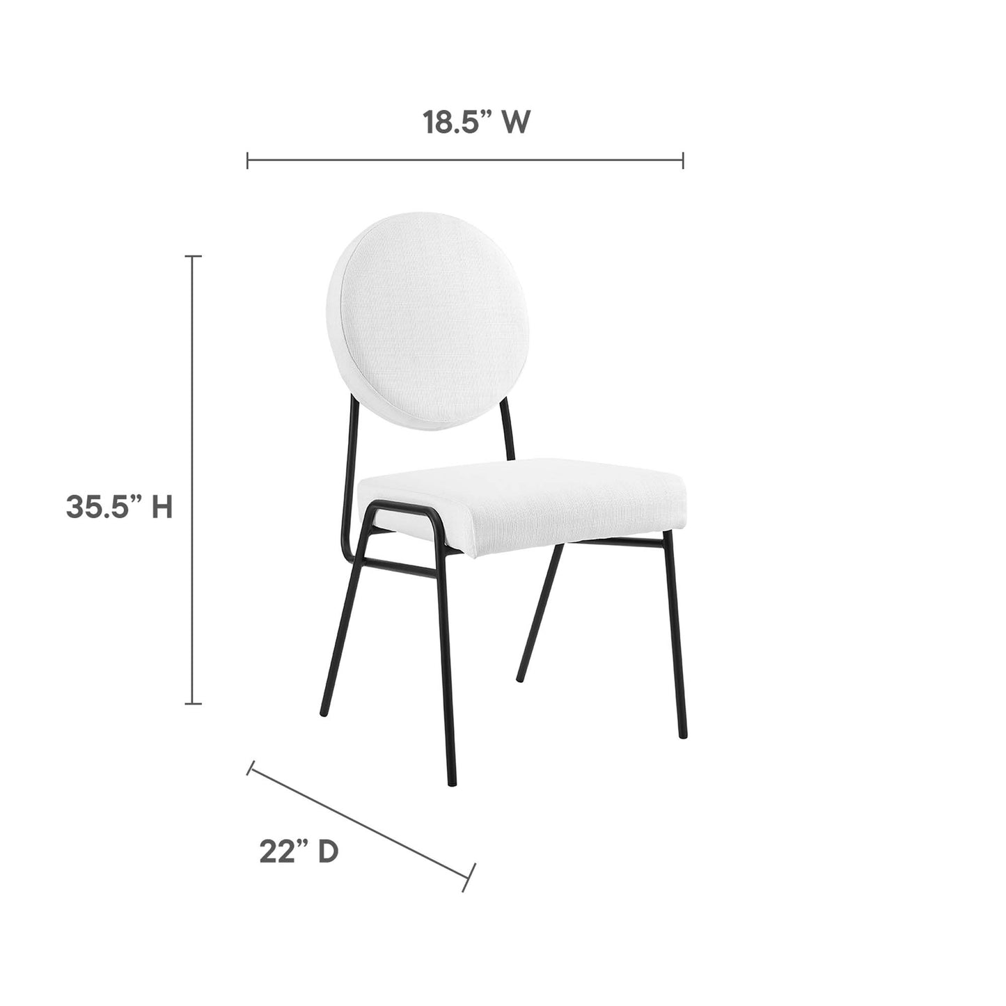 White cushioned round-back dining chairs with a black metal frame; 18.5W x 22D x 35.5H each; set of 2.
