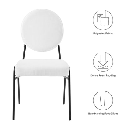 White round-back chairs with black metal legs; polyester fabric, dense foam padding, non-marking foot glides.