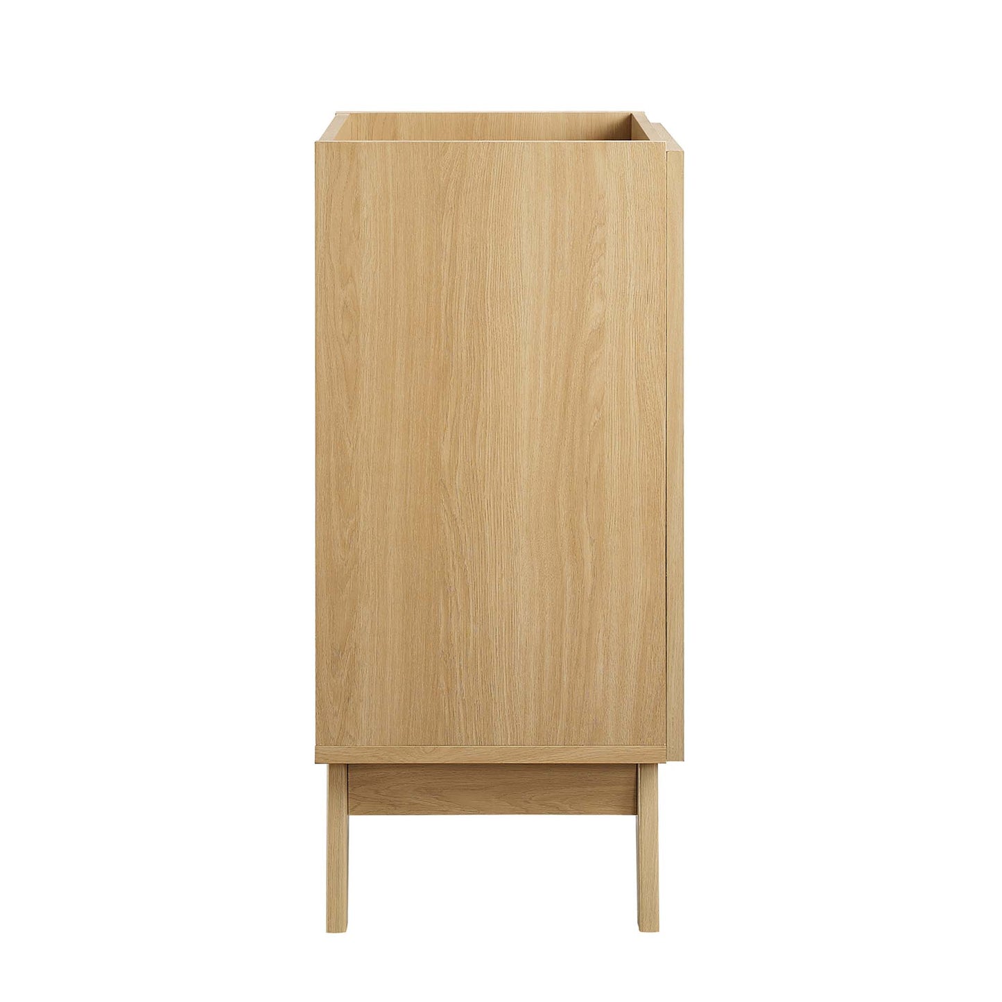 Oak-finish bathroom vanity cabinet (sink basin not included) with a front door in a minimalist mid-century style.