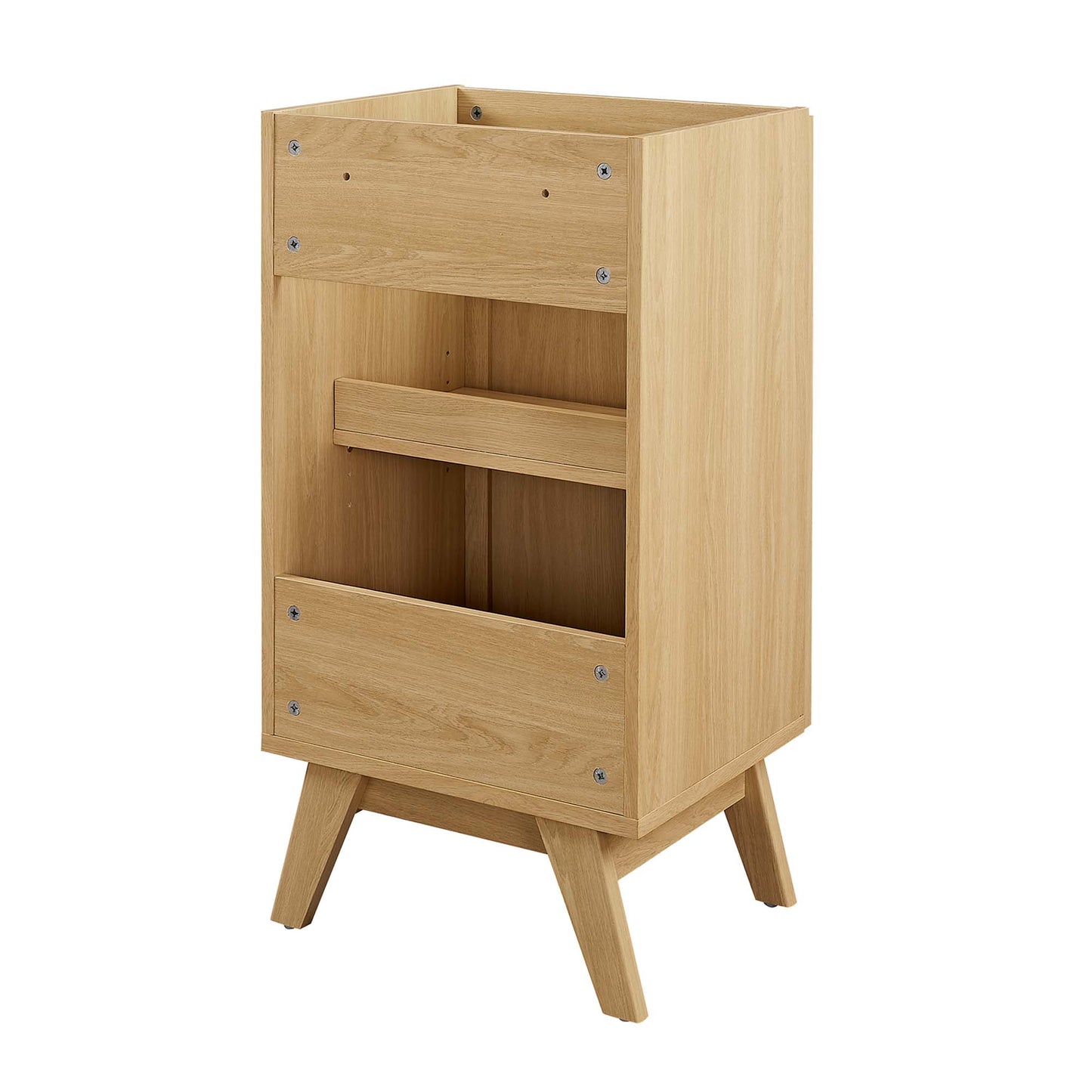 Oak-finish wooden cabinet on angled legs with open shelf and two lower compartments, mid-century style.