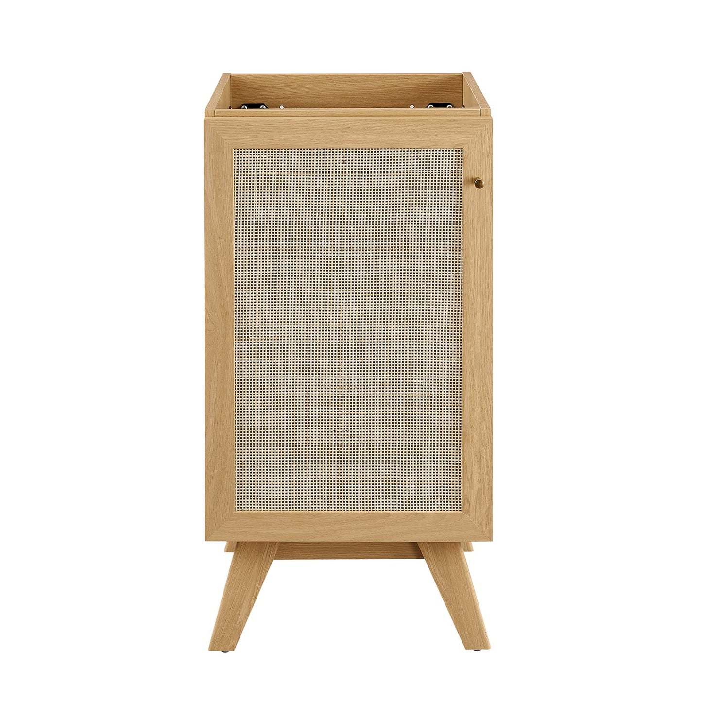 Oak wood bathroom vanity cabinet with doors; sink basin not included.