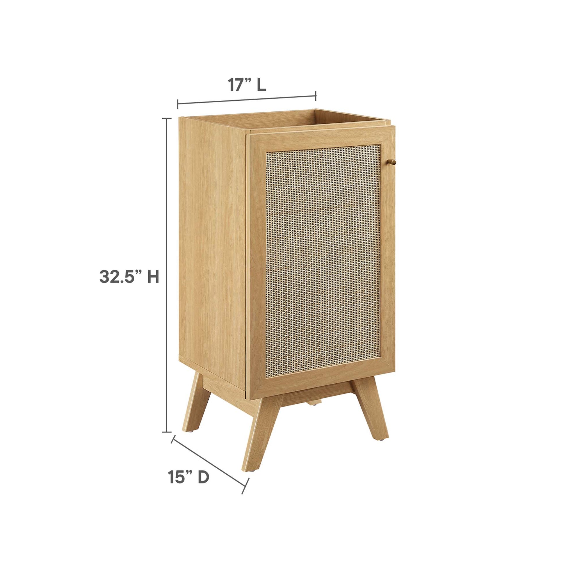 Oak-finish cabinet with a fabric panel door, mid-century angled legs, tall storage unit.