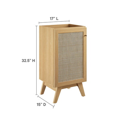 Oak-finish cabinet with a fabric panel door, mid-century angled legs, tall storage unit.