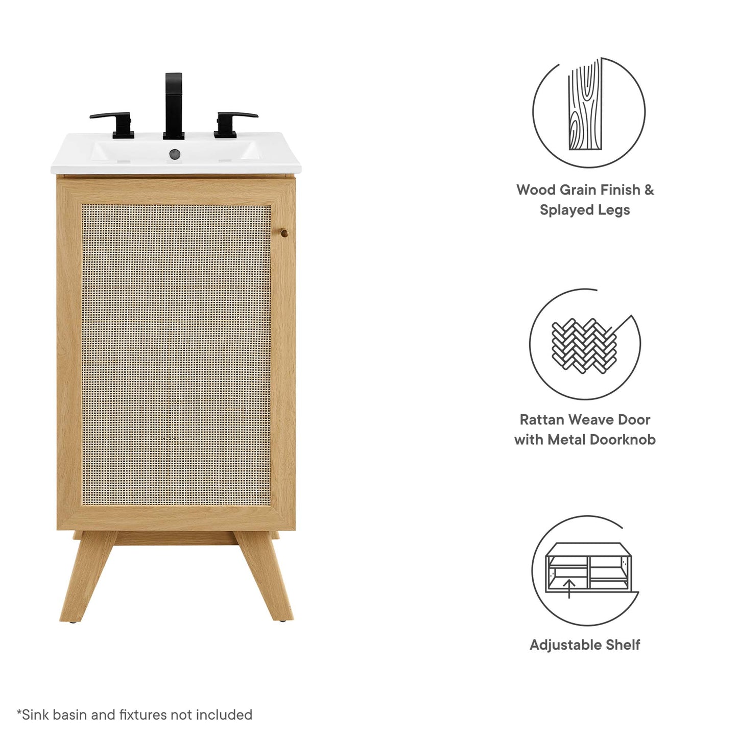 Oak bathroom vanity cabinet with black faucets, rattan weave door, splayed legs, adjustable shelf inside (sink not included).