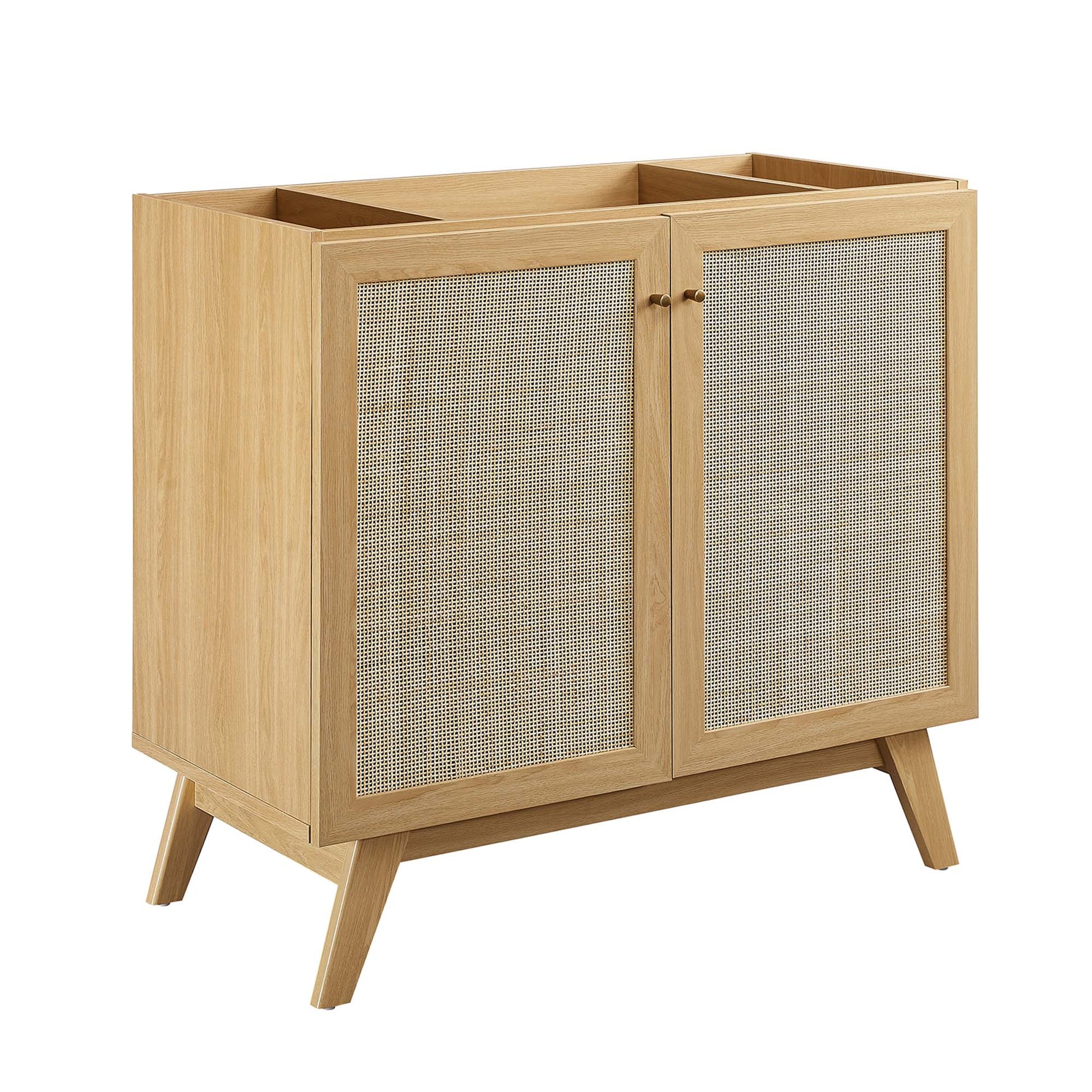 Oak wood bathroom vanity cabinet with woven cane panel doors, mid-century modern style, two-door cabinet, angled legs