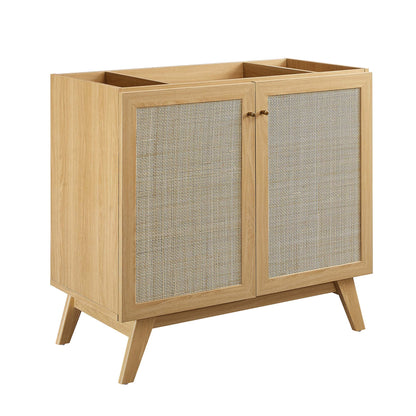 Oak wood bathroom vanity cabinet with woven cane panel doors, mid-century modern style, two-door cabinet, angled legs