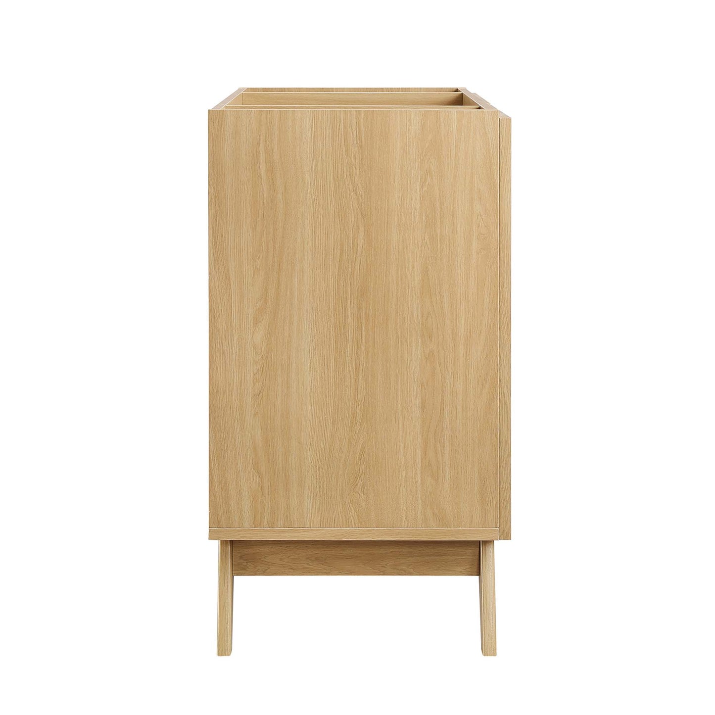 Brown oak bathroom vanity cabinet on slender legs with open top compartment and lower shelf, mid-century modern style.