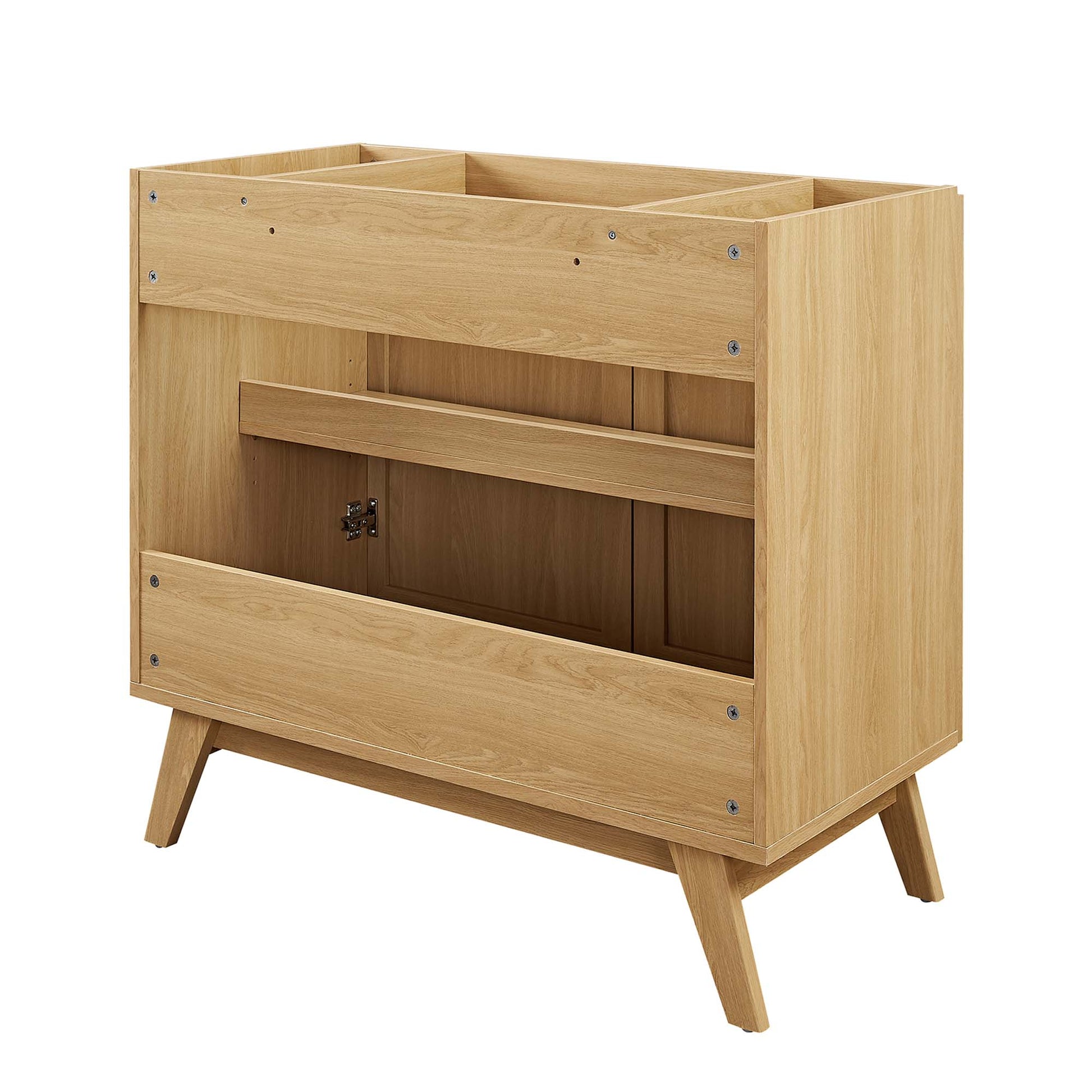 Oak-finish storage cabinet on angled legs with open front, inner shelf, and left-side door hinge.