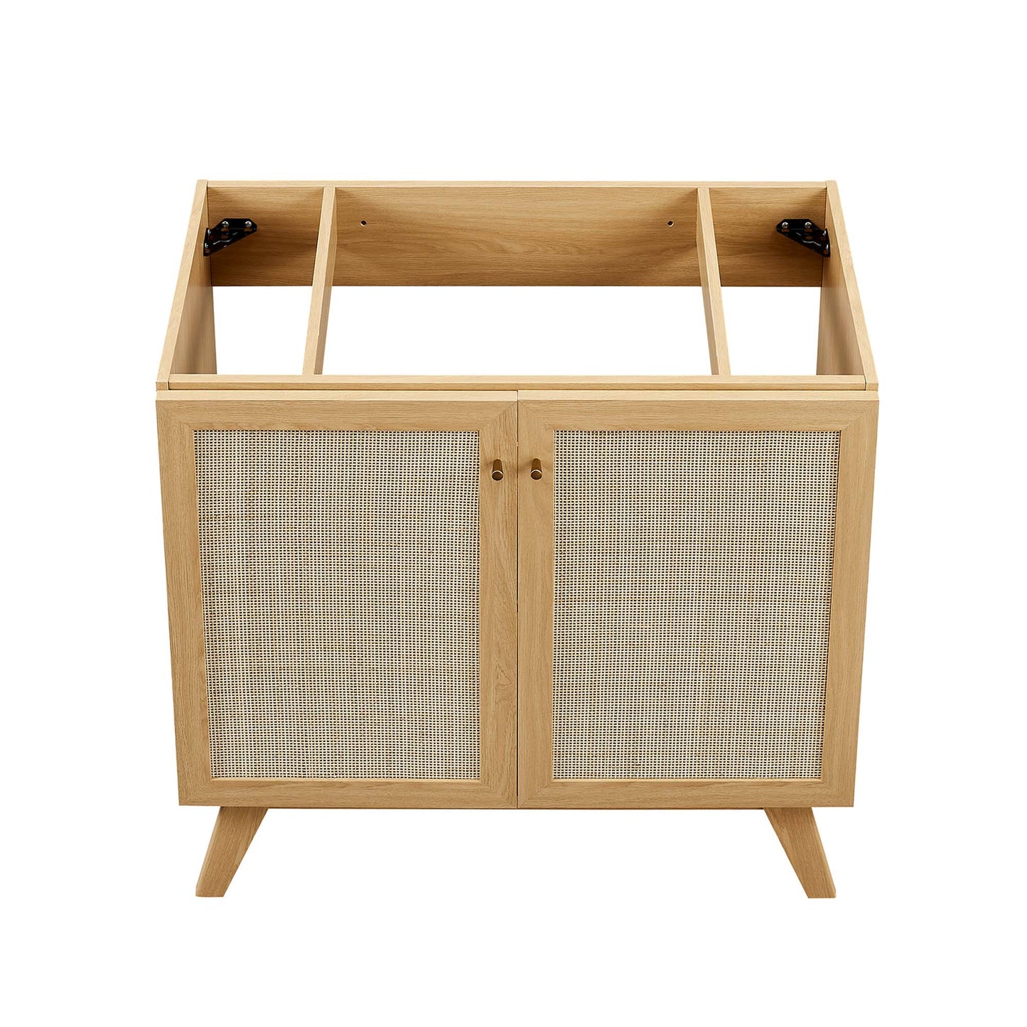 Natural oak cabinet with woven cane panel doors, two-door storage, and angled mid-century legs.