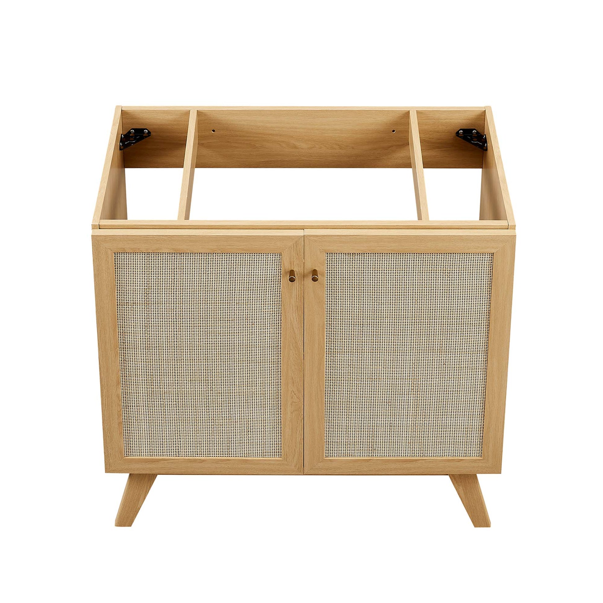 Natural oak cabinet with woven cane panel doors, two-door storage, and angled mid-century legs.