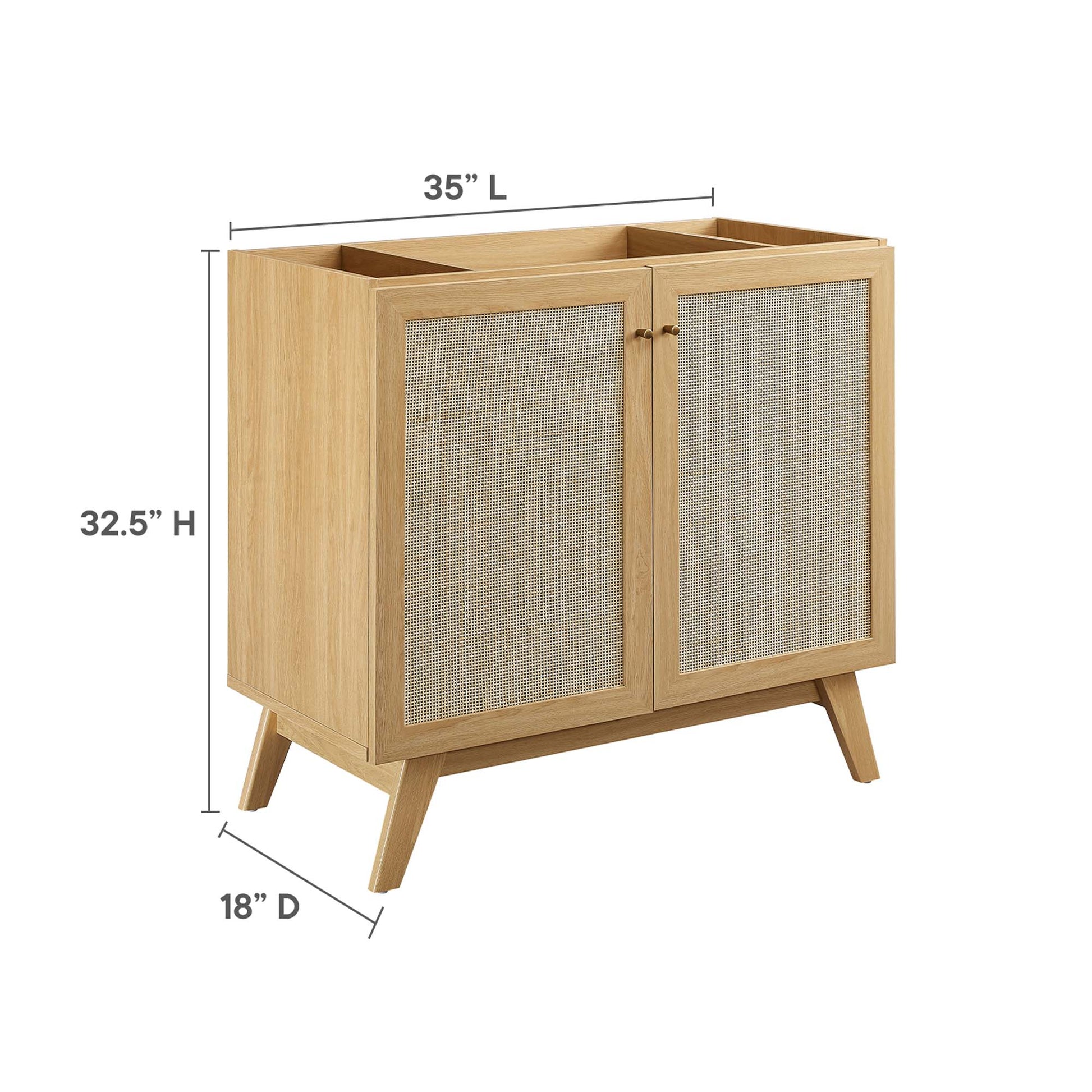 Oak wood cabinet with two cane-woven doors, mid-century modern design, angled legs, rectangular top for storage.