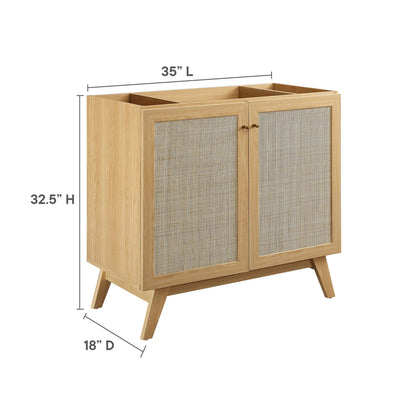 Oak wood cabinet with two cane-woven doors, mid-century modern design, angled legs, rectangular top for storage.