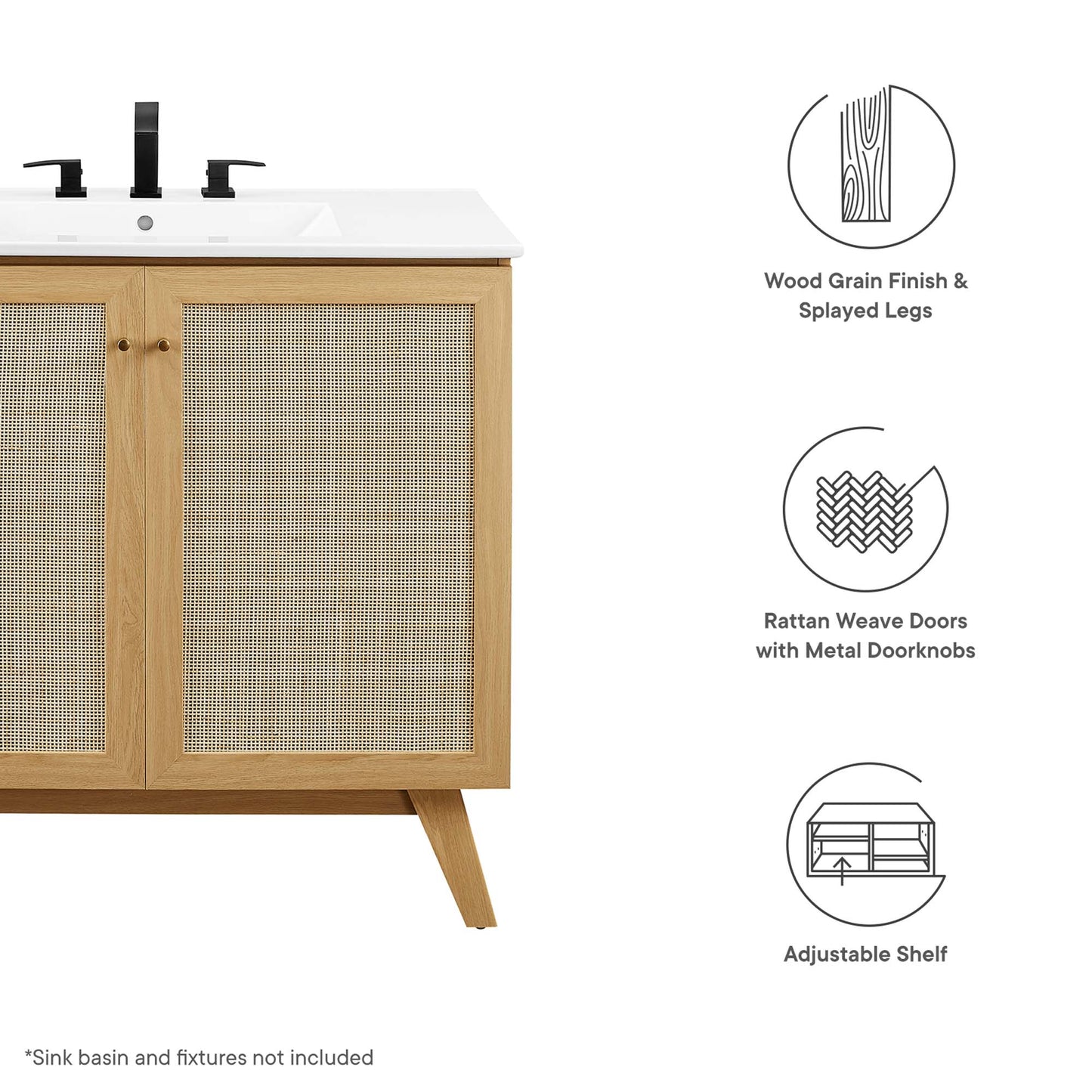 Oak bathroom vanity cabinet with rattan doors, wood grain finish, splayed legs, and adjustable shelf; sink basin not included.