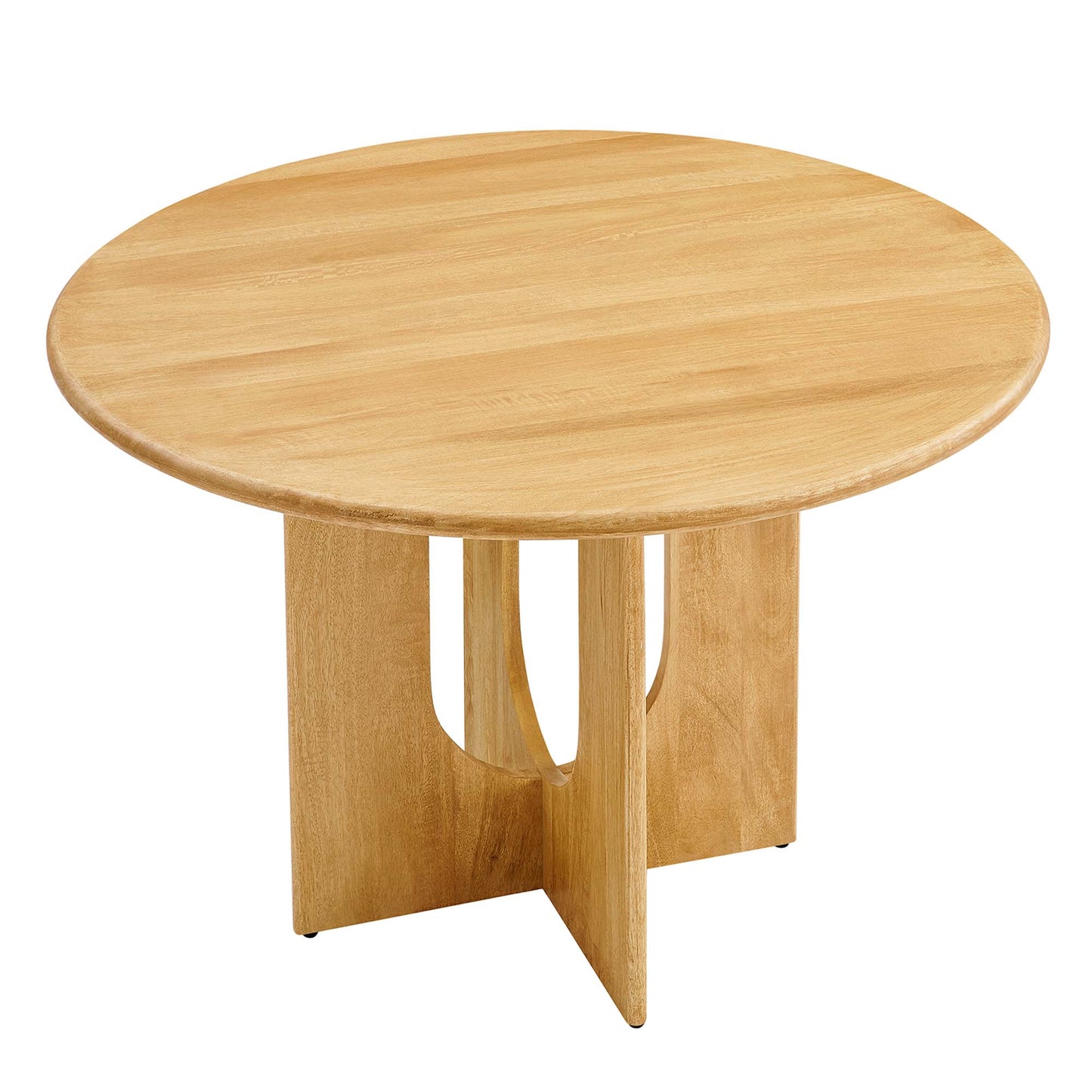 Round oak dining table with a natural light finish; pedestal base with three curved panels forming a sculptural cross
