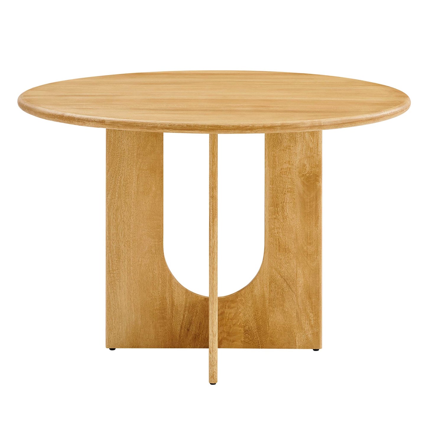 Round oak wood dining table with natural finish and a two-panel pedestal base featuring a curved U-shaped opening.