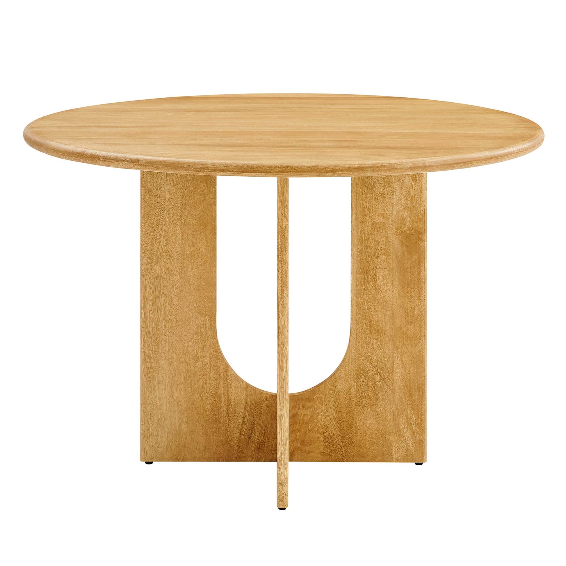 Round oak wood dining table with natural finish and a two-panel pedestal base featuring a curved U-shaped opening.